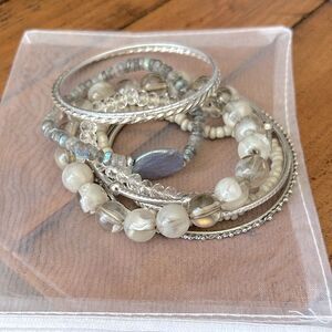 Vintage to Modern Silver gray blue and Cream Beaded Bangle Set 9 total